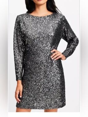 LOFT Metallic Gunmetal Silver Sequin Long-Sleeve Shift Dress